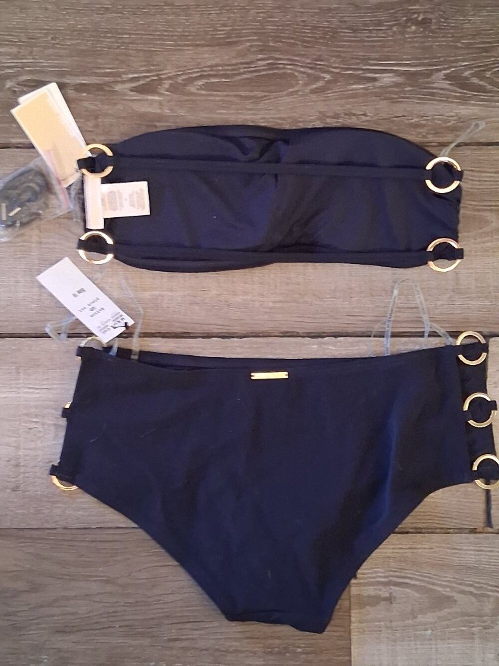 Black Bandeau Bikini Set with Gold Ring Accents - Women Swim